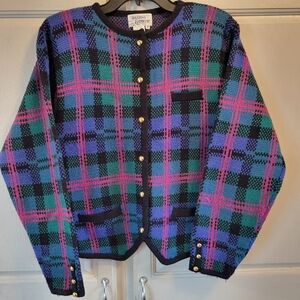 Vintage Hasting & Smith Pink Blue Green Purple Plaid Button Up Cardigan Sweater